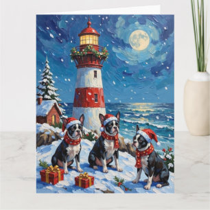 Boston Terrier Weihnachts-Leuchtturm-Feier Karte