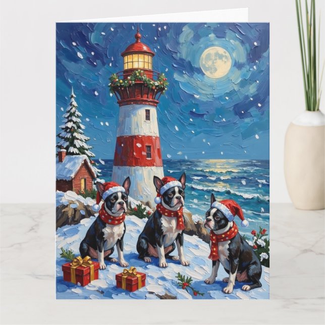 Boston Terrier Weihnachts-Leuchtturm-Feier Karte (Vorderseite)
