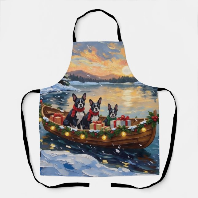 Boston Terrier Weihnachtsboot Urlaub Schürze (Vorderseite)
