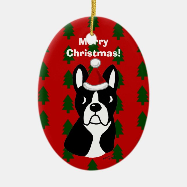 Boston-Terrier-WeihnachtsCartoon Keramikornament (Vorne)