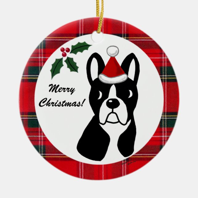 Boston-Terrier-WeihnachtsCartoonTartan Keramikornament (Vorne)