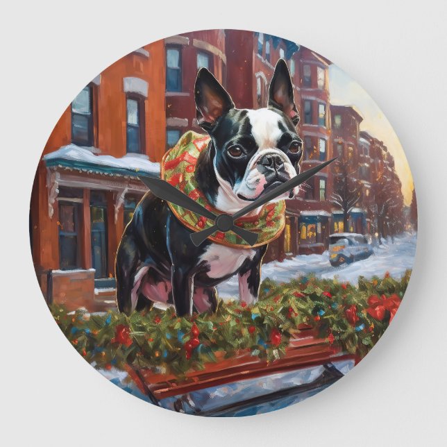 Boston Terrier Weihnachtsfeiertage Große Wanduhr (Vorderseite)