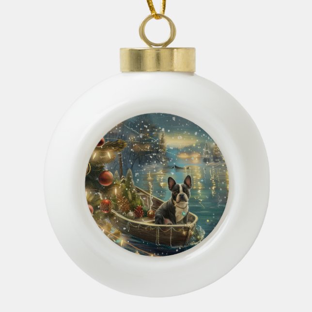Boston Terrier Weihnachtsfeiertage Keramik Kugel-Ornament (Vorderseite)