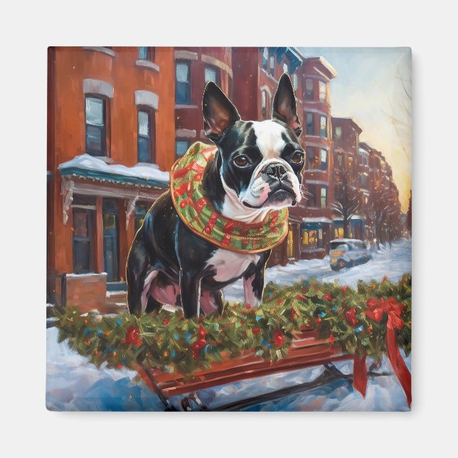 Boston Terrier Weihnachtsfeiertage Magnet (Vorne)