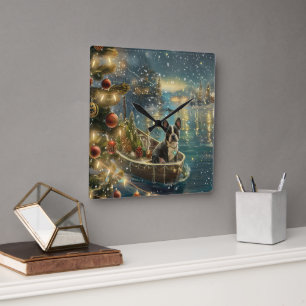 Boston Terrier Weihnachtsfeiertage Quadratische Wanduhr