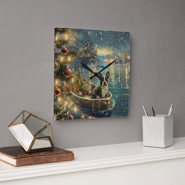 Boston Terrier Weihnachtsfeiertage Quadratische Wanduhr (Büro)