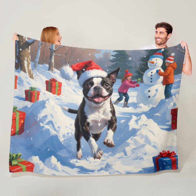 Boston Terrier Weihnachtsfest Schneeszene Fleecedecke (Beispiel)