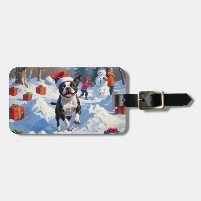 Boston Terrier Weihnachtsfest Schneeszene Gepäckanhänger (Vorderseite horizontal)