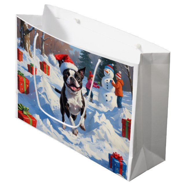 Boston Terrier Weihnachtsfest Schneeszene Große Geschenktüte (Vorderseite Schrägansicht)