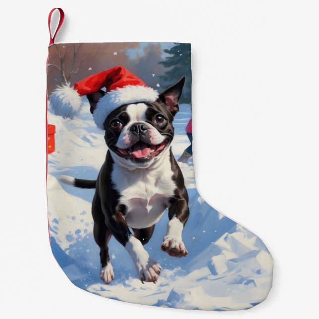 Boston Terrier Weihnachtsfest Schneeszene Kleiner Weihnachtsstrumpf (Vorderseite)