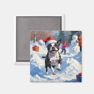 Boston Terrier Weihnachtsfest Schneeszene Magnet