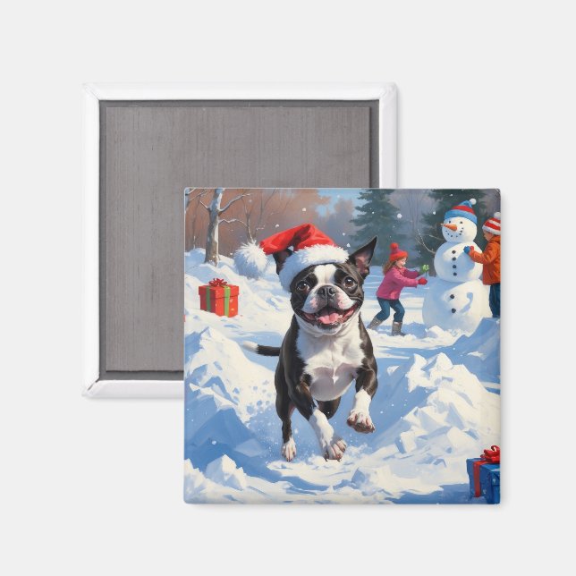 Boston Terrier Weihnachtsfest Schneeszene Magnet (Vorderseite/Rückseite)