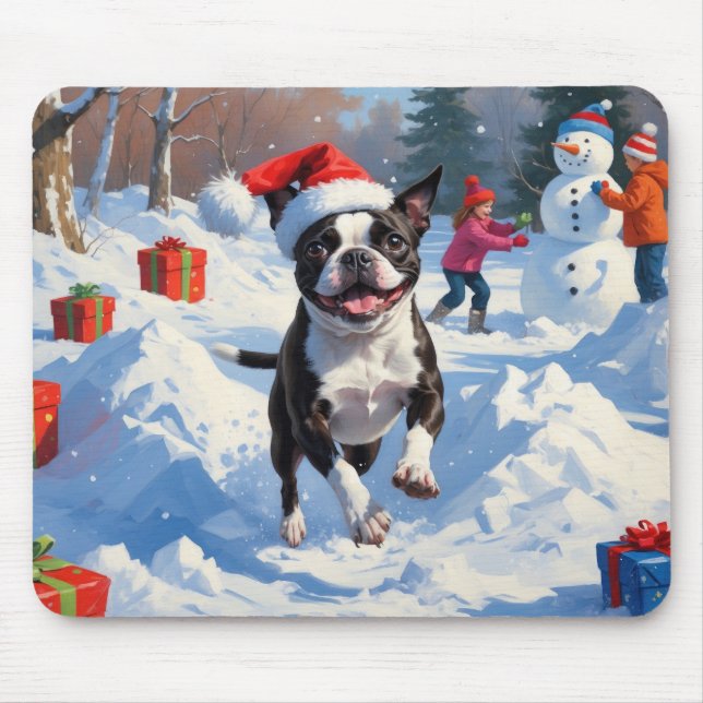 Boston Terrier Weihnachtsfest Schneeszene Mousepad (Vorne)