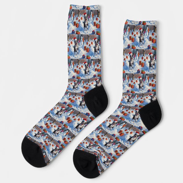Boston Terrier Weihnachtsfest Schneeszene Socken (Linkes Detail)