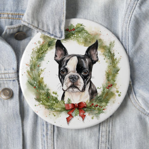 Boston Terrier Weihnachtskranz Festlicher Hund Button