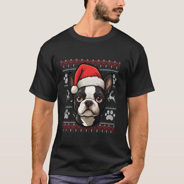 Boston Terrier Weihnachtsmannmütze Christmas Funny T-Shirt (Vorderseite)