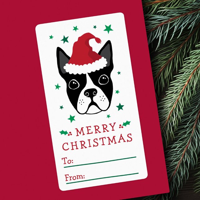 Boston Terrier Weihnachtsmannmütze Frohe Weihnacht (Boston terrier Santa hat Merry Christmas gift tag)