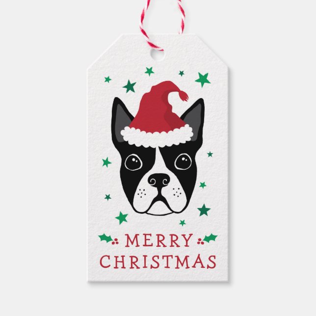 Boston Terrier Weihnachtsmannmütze frohe Weihnacht Geschenkanhänger (Vorderseite)