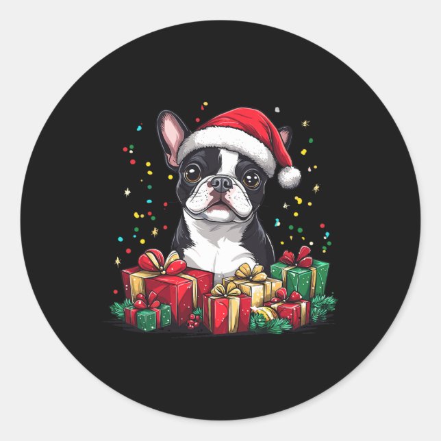 Boston Terrier Weihnachtsmannmütze Funny Christmas Runder Aufkleber (Vorderseite)