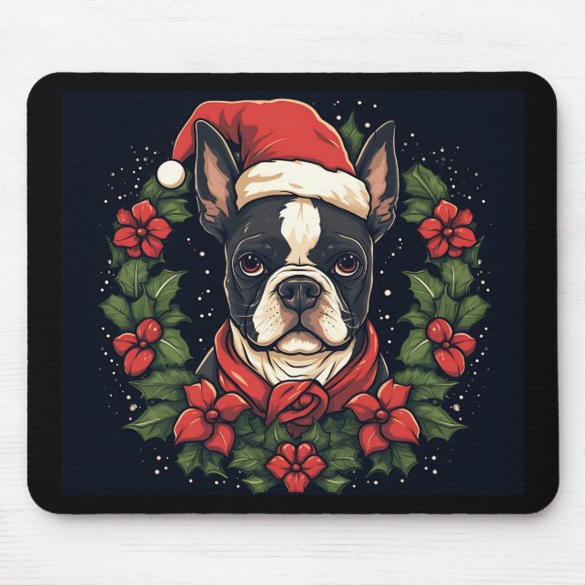 Boston Terrier Weihnachtsmannmütze Holly Christmas Mousepad (Vorne)