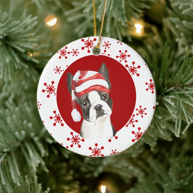 Boston Terrier Weihnachtsmannmütze Red Snowflake Keramik Ornament (Baum)