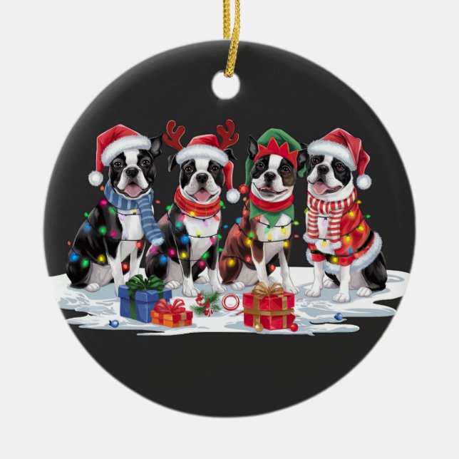 Boston Terrier Weihnachtsmannmütze will Weihnachte Keramik Ornament (Vorne)