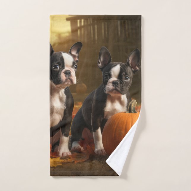 Boston Terrier Welpe Autumn Delight Pumpkin Badhandtuch Set (Handtuch)