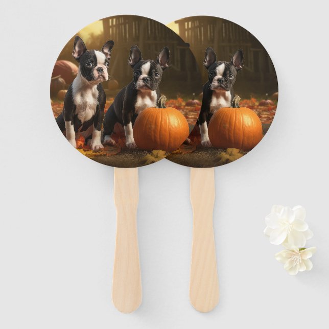 Boston Terrier Welpe Autumn Delight Pumpkin Fächer (Vorne und Hinten)