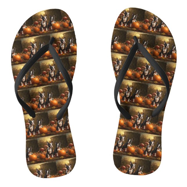 Boston Terrier Welpe Autumn Delight Pumpkin Flip Flops (Fußbett)