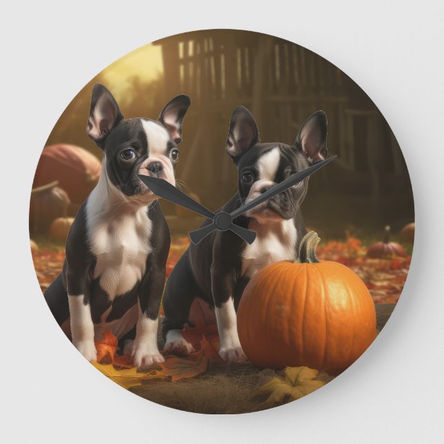 Boston Terrier Welpe Autumn Delight Pumpkin Große Wanduhr (Vorderseite)