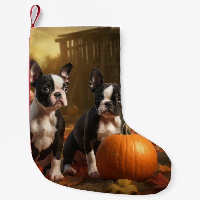 Boston Terrier Welpe Autumn Delight Pumpkin Kleiner Weihnachtsstrumpf (Vorderseite)