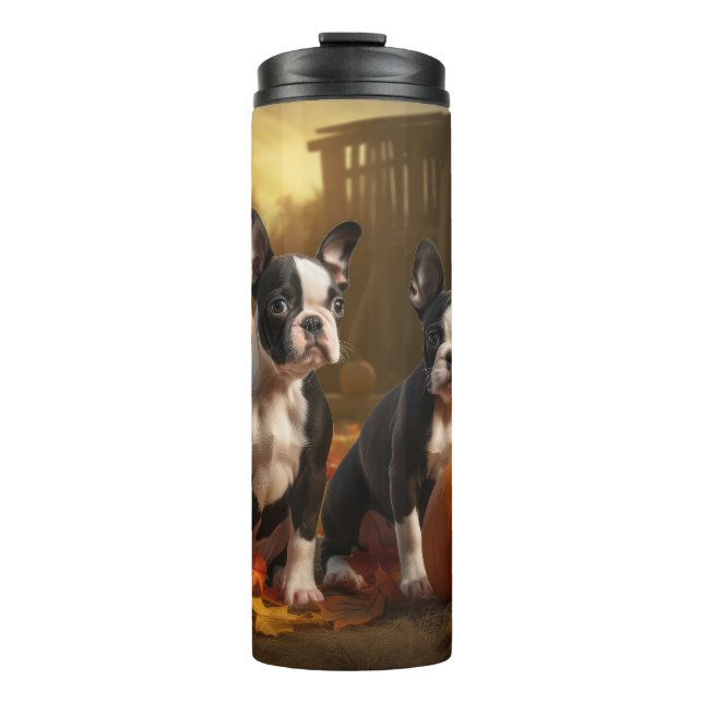 Boston Terrier Welpe Autumn Delight Pumpkin Thermosbecher (Vorderseite)