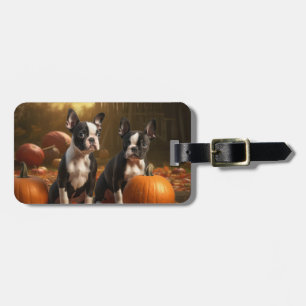 Boston Terrier Welpe Herbstfreude Kürbis Gepäckanhänger