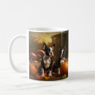 Boston Terrier Welpe Herbstfreude Kürbis Kaffeetasse