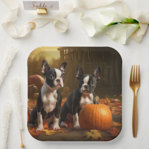 Boston Terrier Welpe Herbstfreude Kürbis Pappteller
