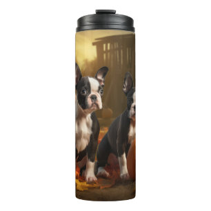 Boston Terrier Welpe Herbstfreude Kürbis Thermosbecher