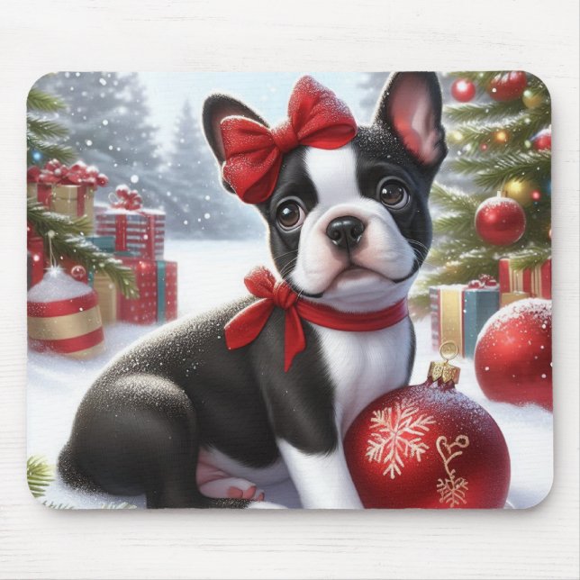Boston Terrier Welpe mit Weihnachtsgeschmack Mousepad (Vorne)