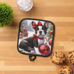 Boston Terrier Welpe mit Weihnachtsgeschmack Topflappen