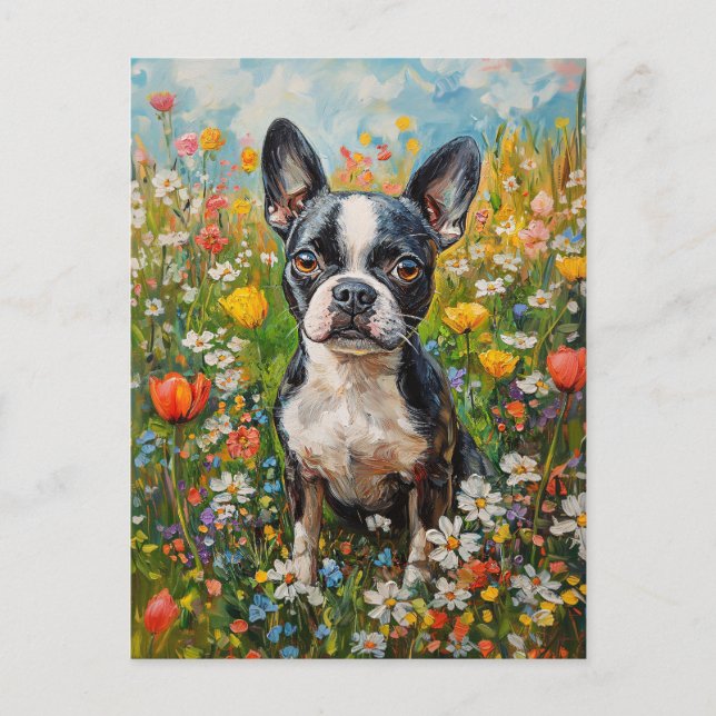 Boston Terrier Wildblume Field Postkarte (Vorderseite)