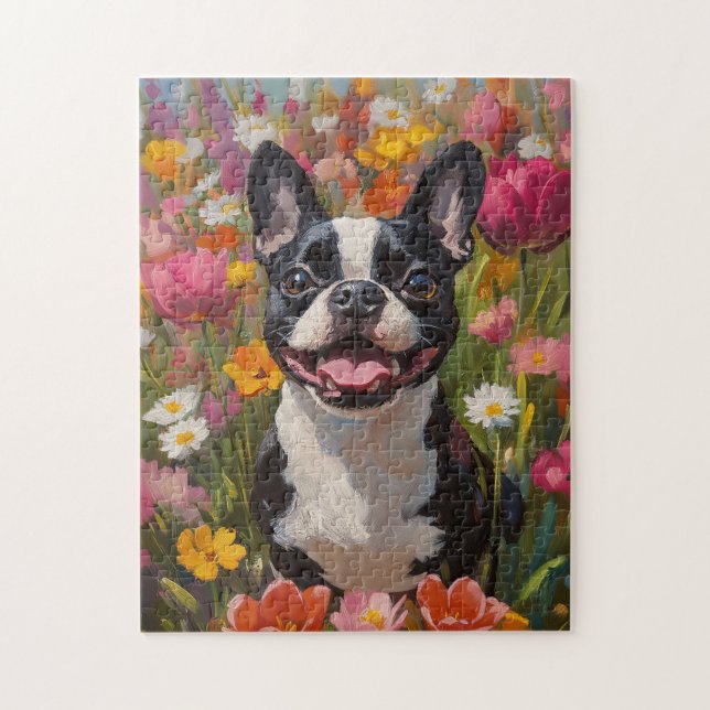 Boston Terrier Wildblume Field Puzzle (Vertikal)