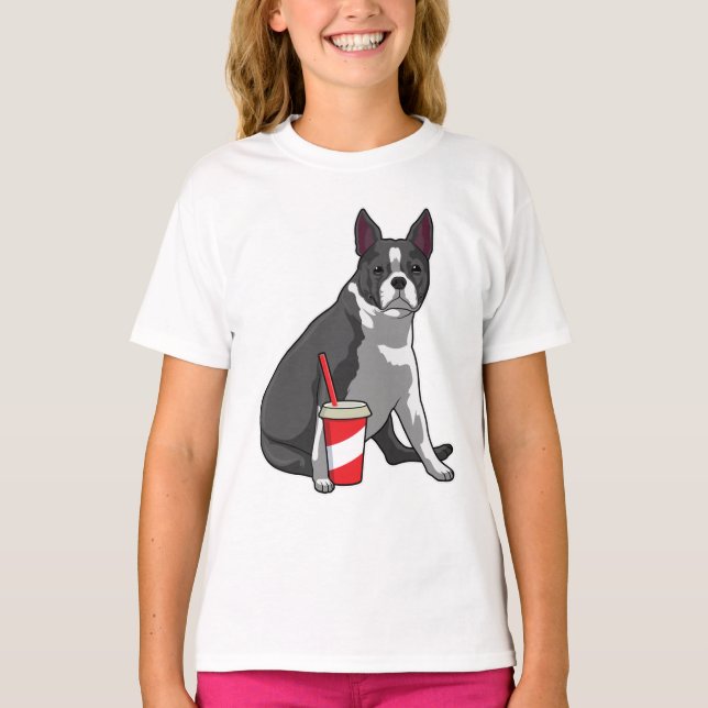 Boston Terrier with Drink T-Shirt (Vorderseite)
