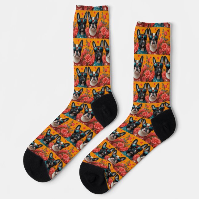 Boston Terrier with Heart Rose Valentinstag Socken (Linkes Detail)