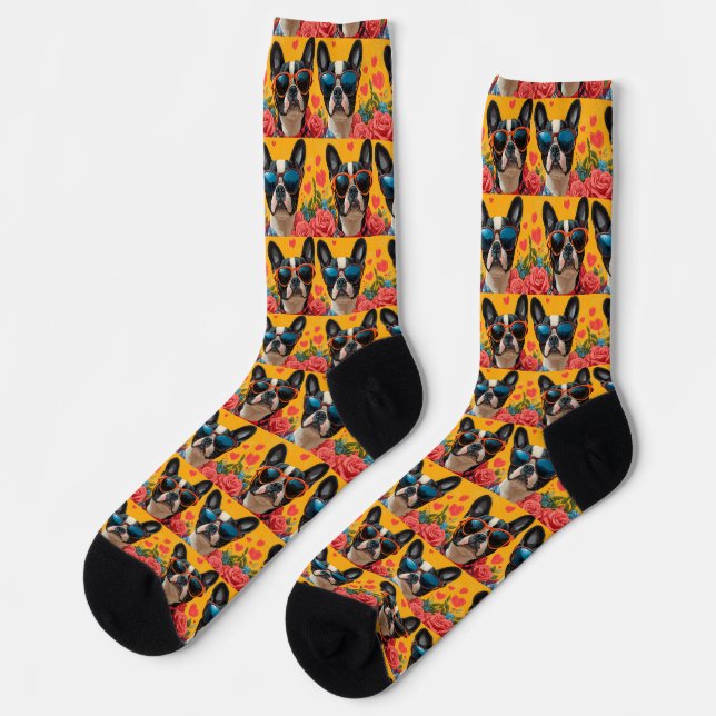 Boston Terrier with Heart Rose Valentinstag Socken (Linkes Detail)