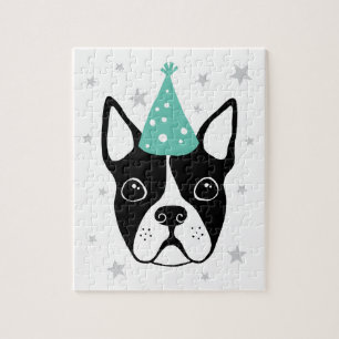 Boston terrier with party hat and stars puzzle