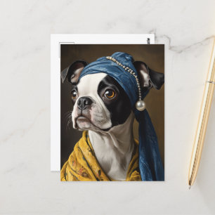 Boston Terrier with Pearl Earring Fine Art Parody Postkarte
