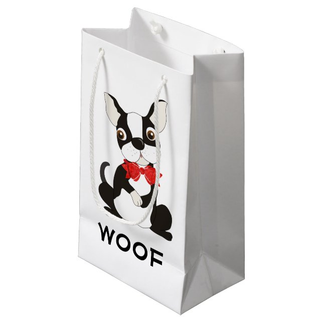 Boston Terrier Woof Kleine Geschenktüte (Vorderseite Schrägansicht)