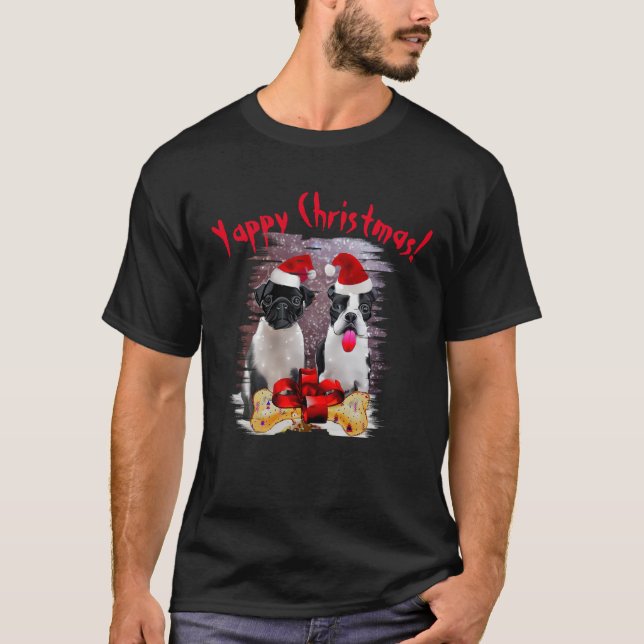 Boston Terrier Yappy Christmas Dog Mama und Vater T-Shirt (Vorderseite)
