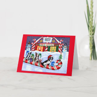 Boston Terrier Zuckerstangen-Weihnachtsmann Schnee Feiertagskarte