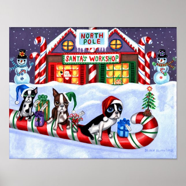 Boston Terriers Candy Cane Santa Christmas Snowman Poster (Vorne)
