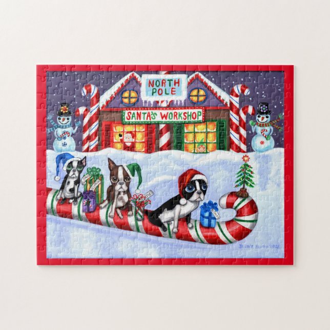 Boston Terriers Candy Cane Santa Christmas Snowman Puzzle (Horizontal)